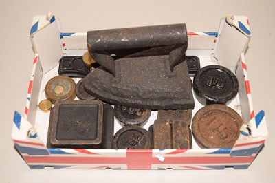 Lot 510 - A box of various flat irons, weights etc