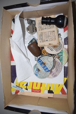 Lot 557 - Box of mixed items to include vintage car tax...