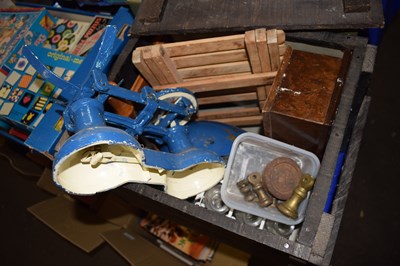 Lot 629 - A wooden crate containing vintage scales,...