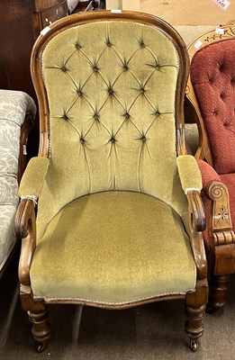 Lot 436 - A Victorian green button upholstered armchair...