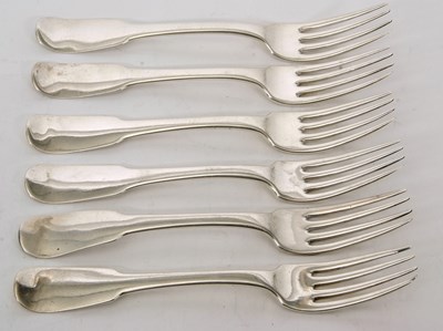 Lot 77 - A set of six irish silver fiddle pattern table...