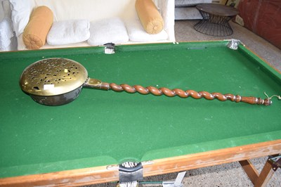 Lot 325 - Pierced brass bed warming pan on barley twist...