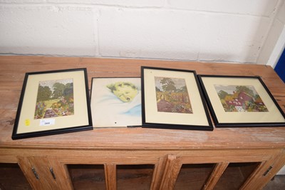 Lot 360 - A set of three silk work pictures, garden...