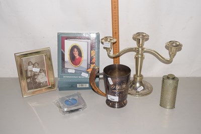 Lot 529 - Mixed Lot: Silver plated candelabra, tankard,...