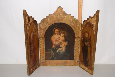 Lot 555 - Painted plywood tryptych decorated with prints...