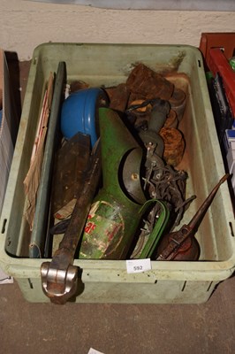 Lot 592 - Box of various assorted tools, garage...