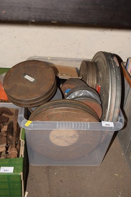Lot 680 - Box of vintage film reels and metal containers