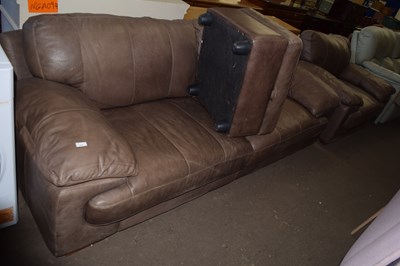 Lot 751 - Brown leather sofa with armchair and footstool