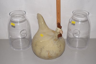 Lot 202 - Pottery model of a chicken and two glass vases