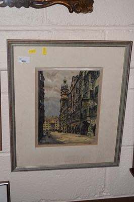 Lot 309 - A coloured print of a continental street scene