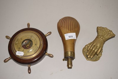 Lot 508 - Powder flask, barometer and paperweight