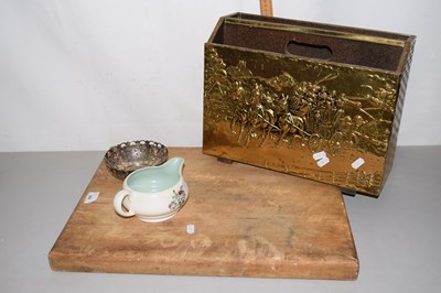 Lot 580 - Wooden chopping board, brass magazine rack etc