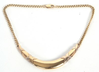 Lot 119 - A gold necklace, with a tapered arc with cross...