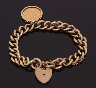 Lot 306 - A 9ct curblink bracelet with sovereign charm,...