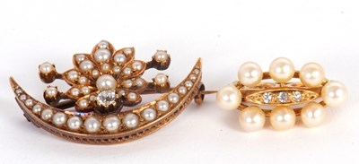 Lot 86 - A seed pearl and diamond brooch, the crescent...