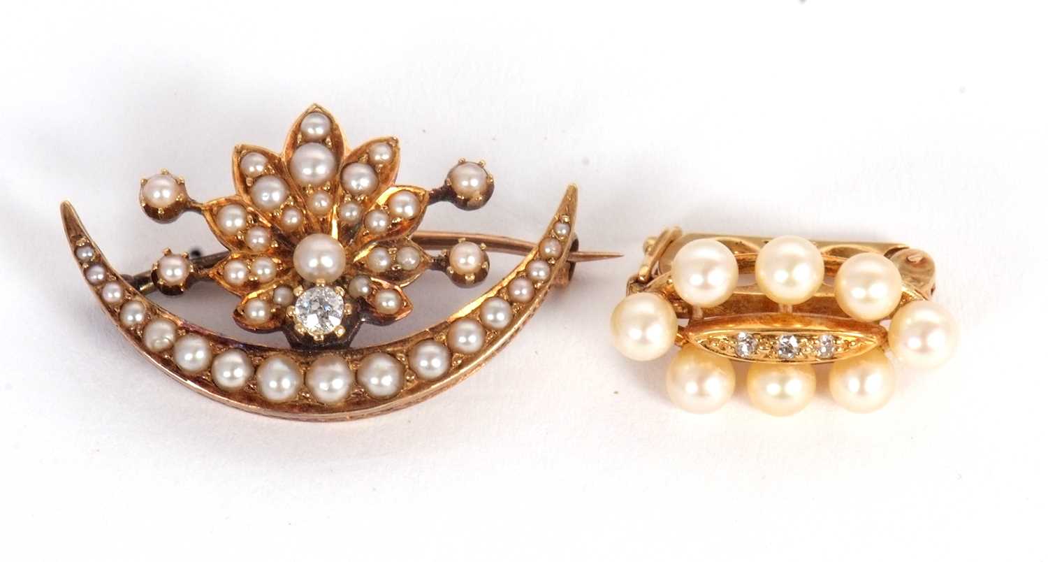 Lot 86 - A seed pearl and diamond brooch, the crescent...