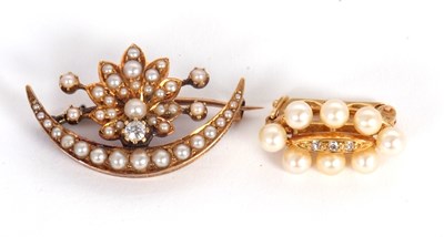 Lot 86 - A seed pearl and diamond brooch, the crescent...