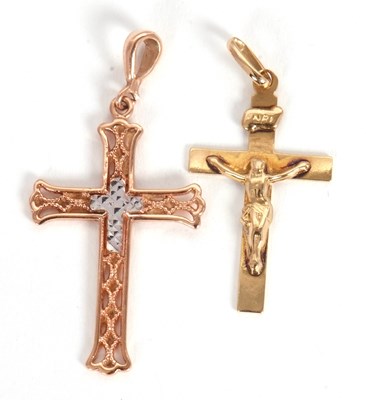 Lot 175 - Two 9ct cross pendants, 40mm and 33mm long,...