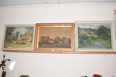 Lot 29 - Framed oil on canvas of farmhouses together...