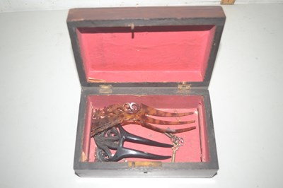 Lot 65 - Small wooden box with a quantity of hair grips