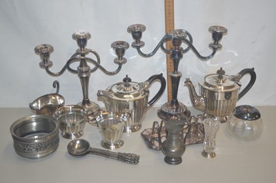 Lot 145 - Quantity of plated wares, pair of candelabra,...