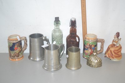 Lot 176 - Two ceramic mugs, brass Welsh lady figurine...