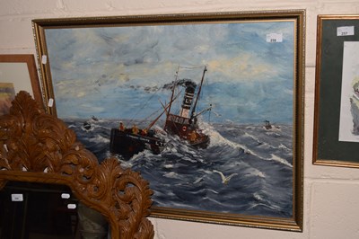 Lot 258 - Oil on board of a trawler signed P Ruskin