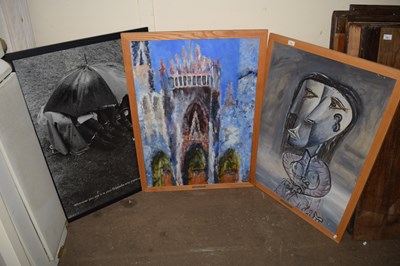 Lot 719 - Two paintings on board together with a black...