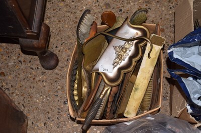 Lot 289 - Box of assorted copper and brass pans and brushes