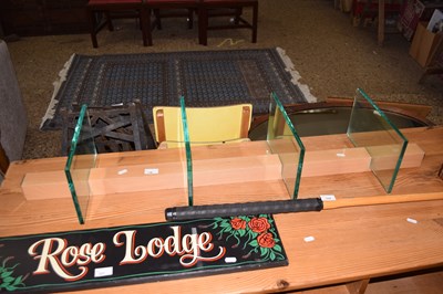 Lot 338 - Contemporary beech effect and glass shelved...