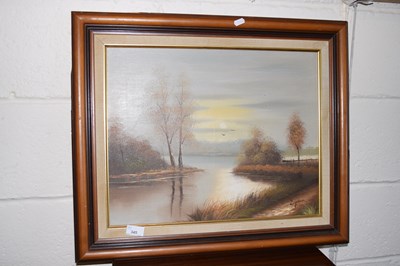 Lot 345 - Misty landscape over water, oil on canvas, framed