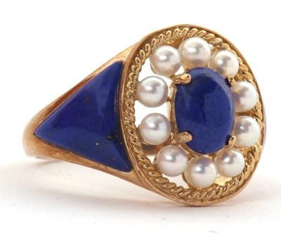 Lot 5 - A 9ct cultured pearl and blue enamel ring,...