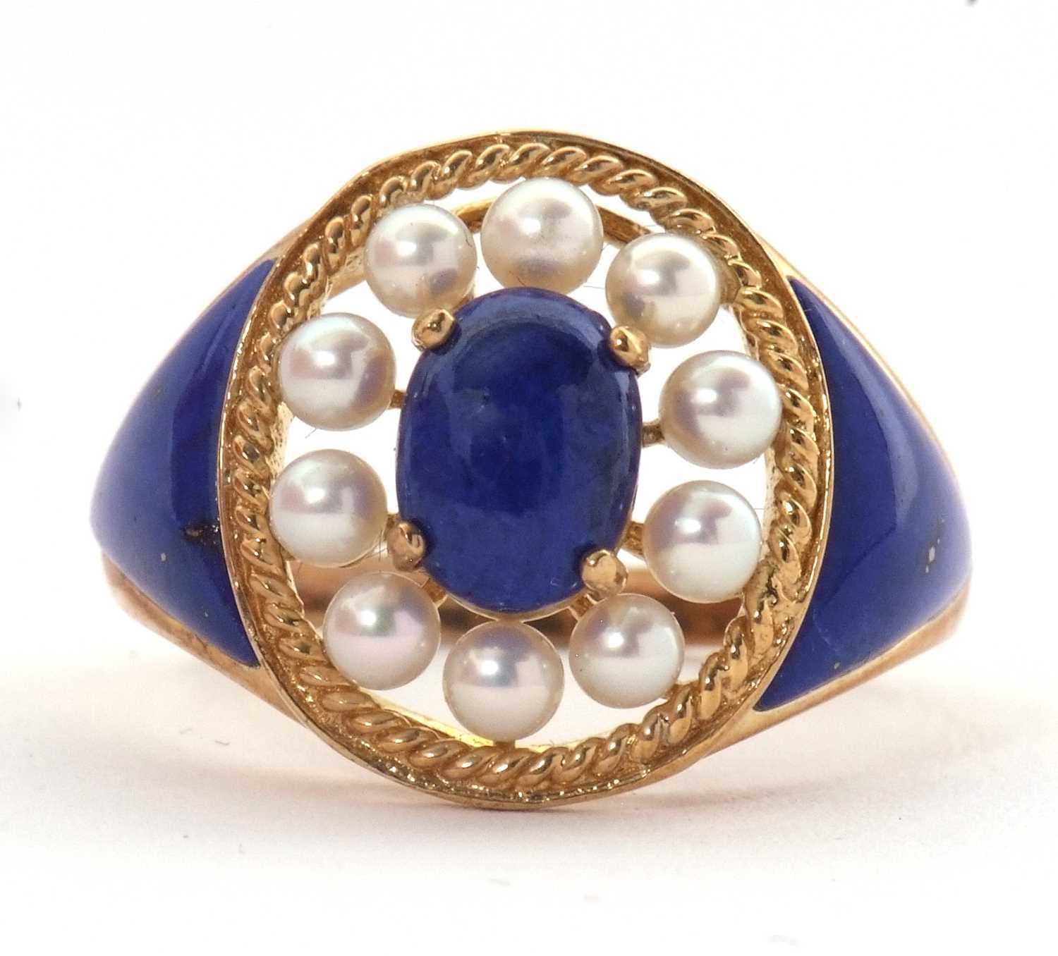 Lot 5 - A 9ct cultured pearl and blue enamel ring,...