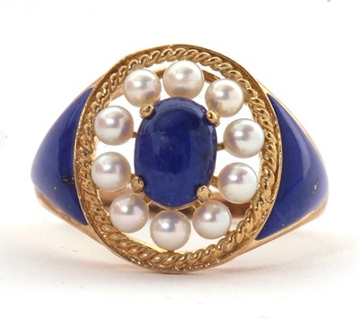 Lot 5 - A 9ct cultured pearl and blue enamel ring,...