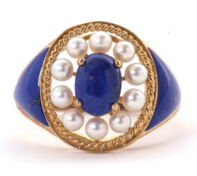 Lot 5 - A 9ct cultured pearl and blue enamel ring,...