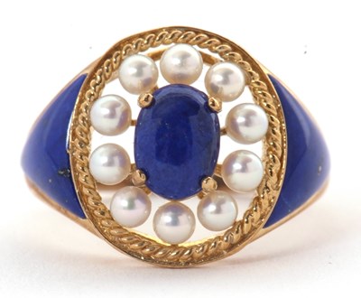 Lot 5 - A 9ct cultured pearl and blue enamel ring,...