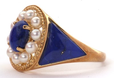 Lot 5 - A 9ct cultured pearl and blue enamel ring,...