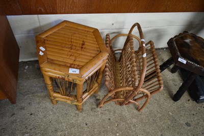 Lot 429 - WICKER MAGAZINE RACK AND A SMALL BAMBOO TABLE