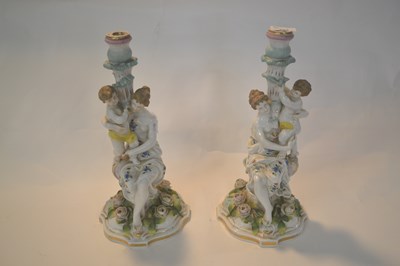 Lot 253 - Pair of continental porcelain candelabra, both...