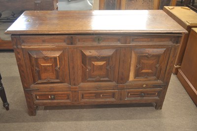 Lot 450 - An 18th Century oak mule chest with hinged lid...