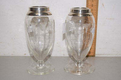 Lot 47 - A pair of etched clear glass vases with silver...