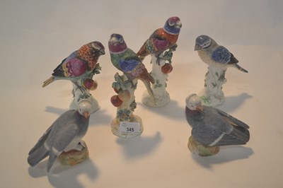 Lot 345 - A group of six continental porcelain bird...