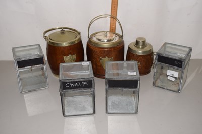 Lot 550 - Wooden and metal mounted biscuit barrels, tea...