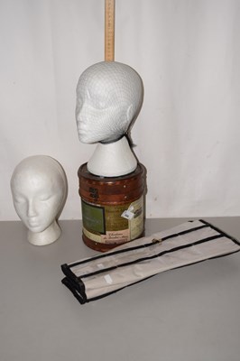 Lot 554 - Two polystyrene mannequin heads, storage box...