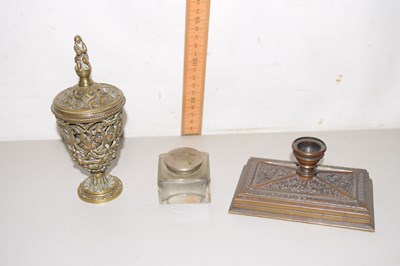 Lot 66 - A box of mixed items to include brass covered cup