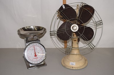 Lot 619 - Vintage desk fan and set of scales