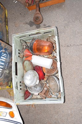 Lot 356 - Box of various vintage headlamps and other items