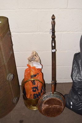 Lot 881 - Copper bed pan, coal scuttle and fire irons