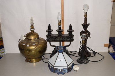 Lot 9 - Large brass based table lamp together with...