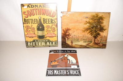Lot 500 - Two reproduction tin plate signs and an oil on...